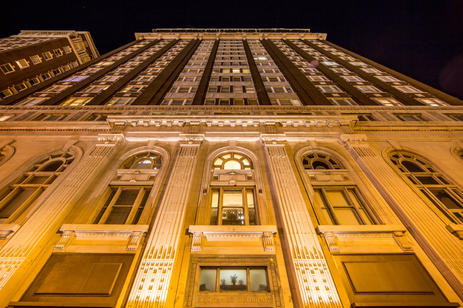 Exchange Building facade at night